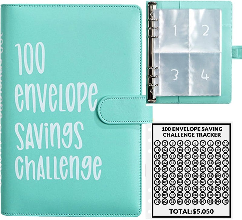 AASLOB 100 Envelopes Money Saving Challenge, 100 Envelope Challenge Binder, Easy and Fun Way to Save $5,050, Savings Challenges Budget Book Binder with Cash Envelopes for Office,Home,School (Green) - Image 1